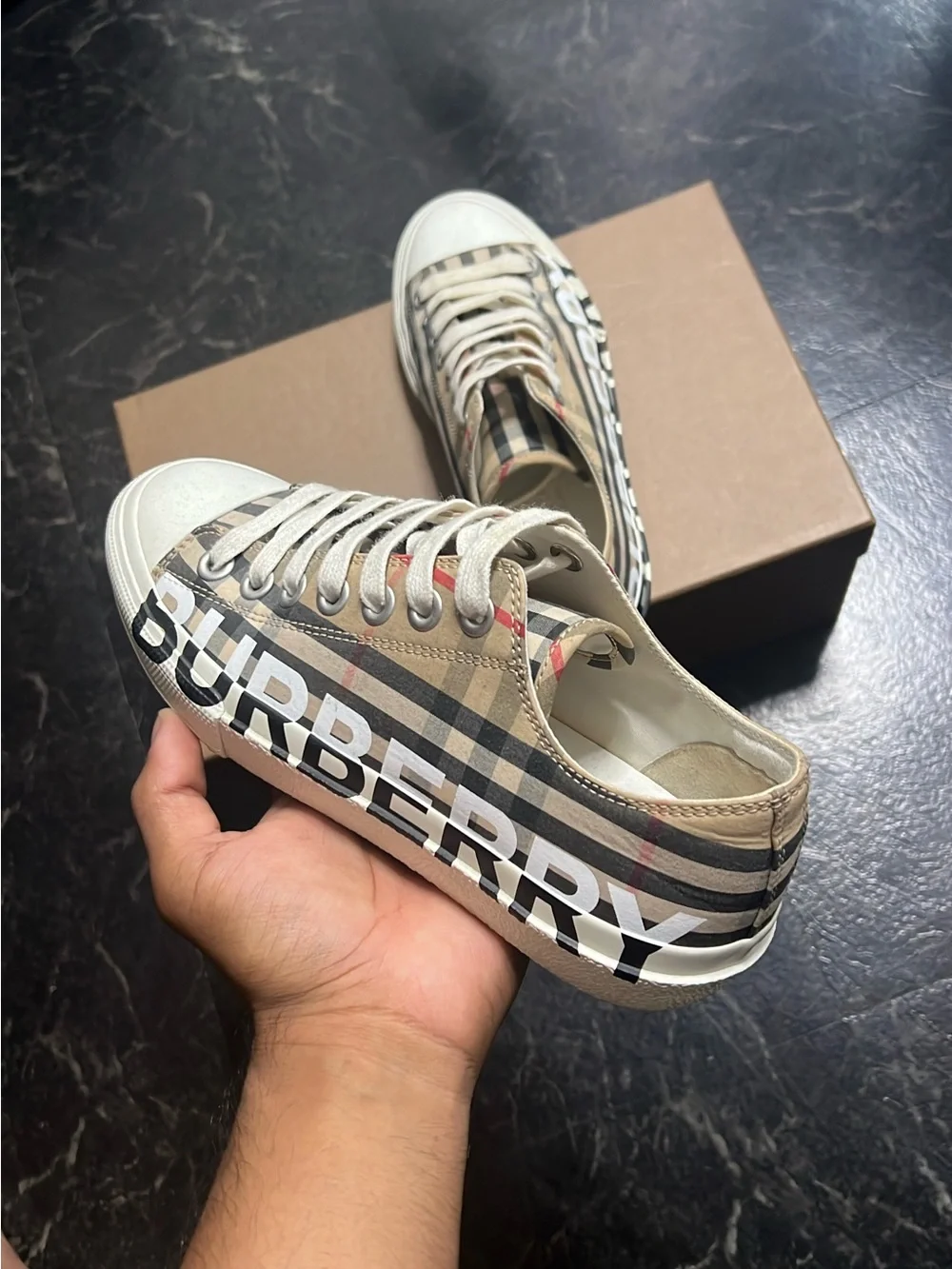 Burberry Beige Check Logo Low-Top Sneakers